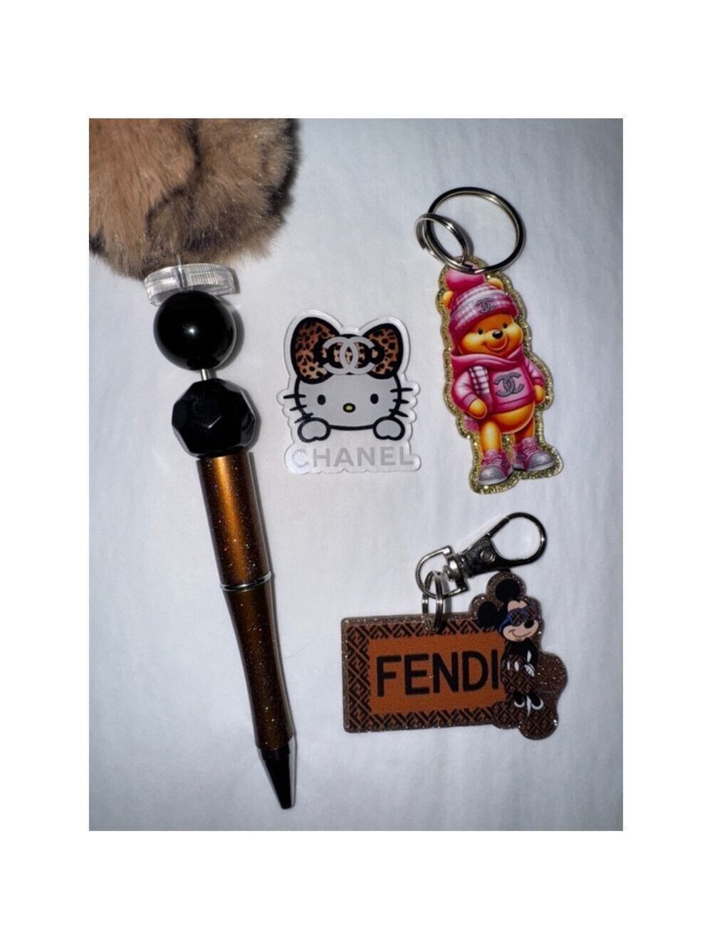 Trendy Accessory Bundle | Faux Fur Pen, Bear Keychain, Acrylic Charm - Picture 2 of 3